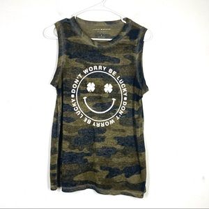 LUCKY BRAND Don’t Worry Camo Smiley Face Tank Top Graphic Tee Small